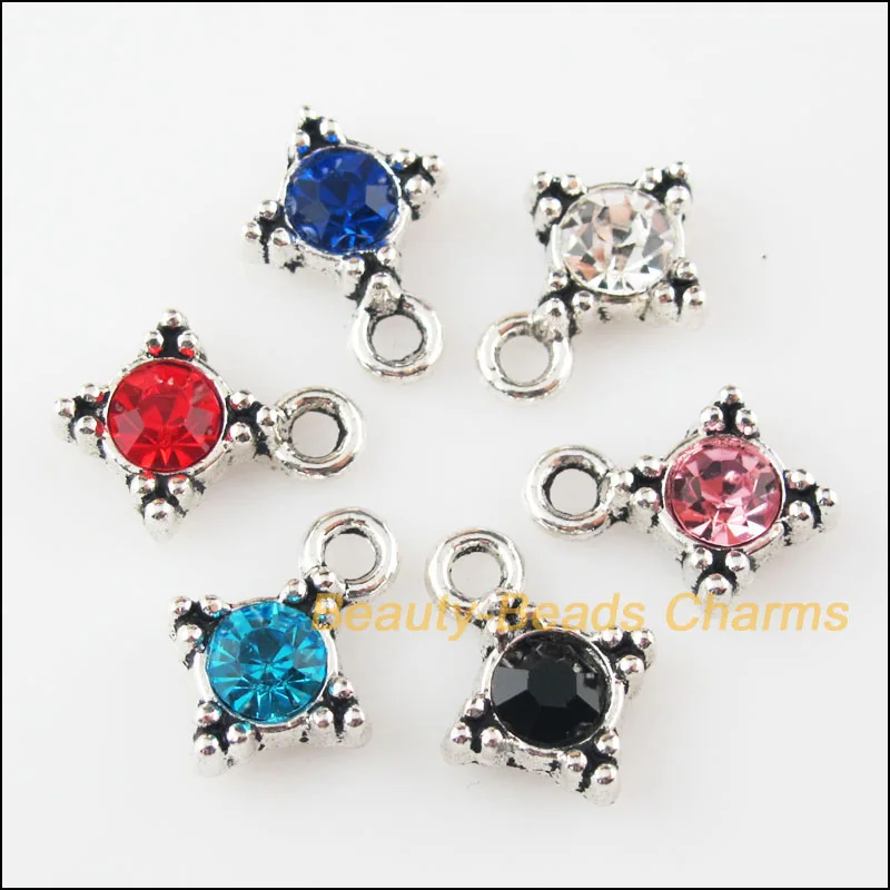 

6Pcs Tibetan Silver Tone Cross Mixed Crystal Charms Pendants 13x17mm