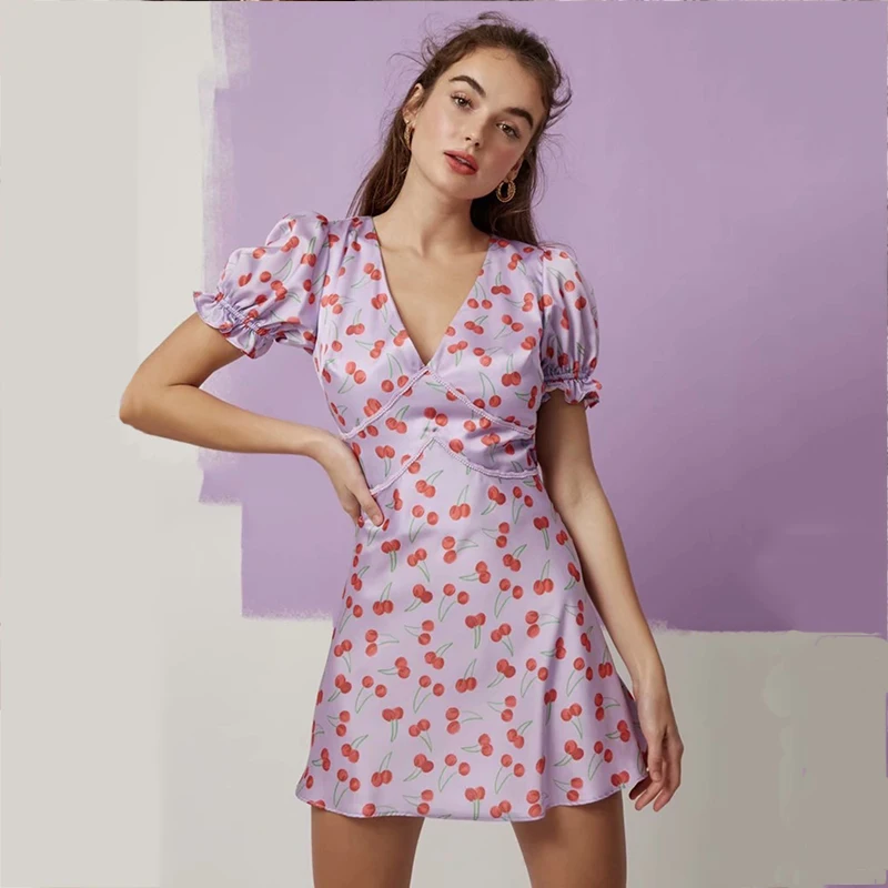 2019 Women Summer Mini Dresses Satin Fabric Sweet Floral Print Cherry