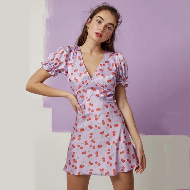 

2019 women summer mini dresses Satin fabric sweet floral print cherry dress Backless cross V neck Wave lace Dress ladies casual