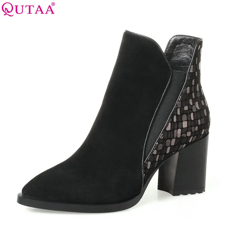 

QUTAA 2018 Black Women Ankle Boots Square High Heel Pointed Toe Genuine leather Fashion Zipper Women Motorcycle Boots Size 34-42