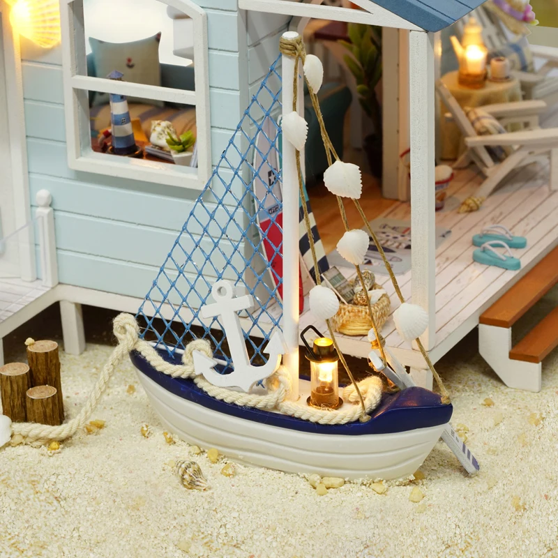Cute Room DIY Doll house Toys Model With LED 3D Wooden Furniture Miniature House Toys Birthday Gifts Caribbean Sea A037 #E