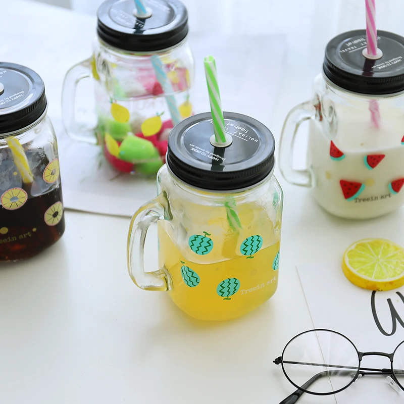 450ml Glass Mason Jar Mug with Lid and Straw Summer Ice Cream Fruit Cold Drinking Water Jars Juice Cup