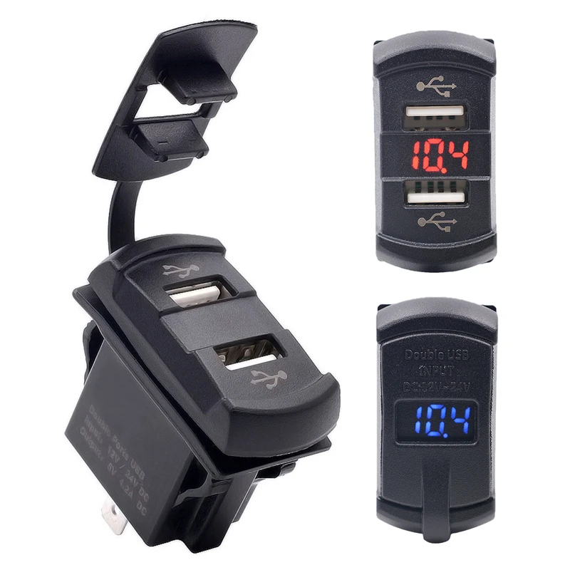 

Waterproof USB Charging Adapter 12-24V LED 4.2A Dual USB Car-charger Auto Voltmeter Voltage Meter Gauge Moto ATV Accessories