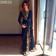 2016 Elegant Gold Applique Lace Arabic Evening Dresses Long Floor Length Muslim Formal Prom Gown Long Sleeve Dubai Islamic Dress