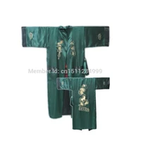 Зеленый, черный китайский Мужской Двусторонний Шелковый халат кимоно с вышивкой банный халат двухсторонняя ночная рубашка с драконом один размер