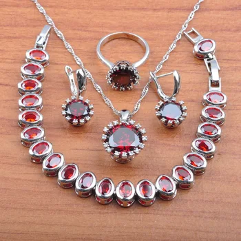 

Hot Products Red Zirconia Crystal Silver Color Jewelry Set For Women Earrings Necklace Pendant Rings Bracelet Set JS0525