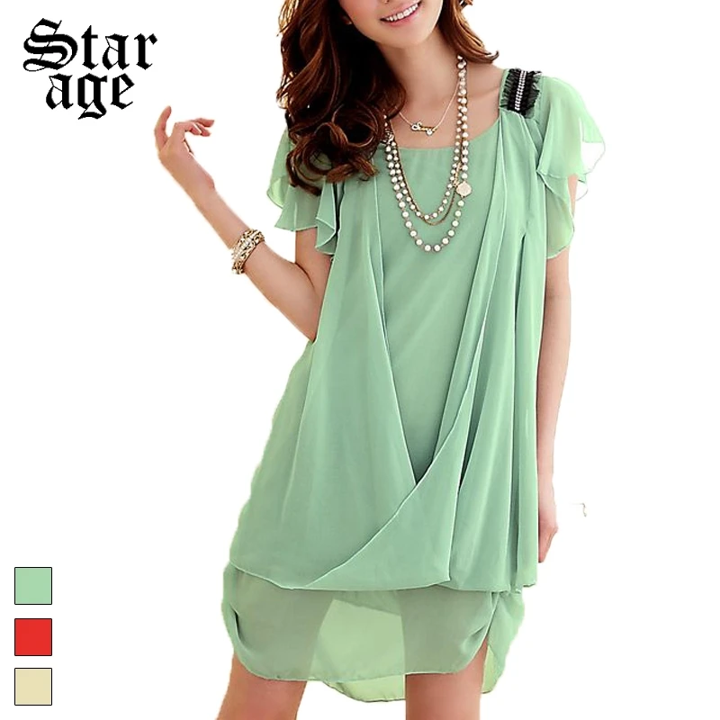 

L-4XL Plus Size Solid Chiffon Mini Dresses Epaulette Ruffle Loose One-piece Dress Big size women clothes Mint/Red/Beige 3212