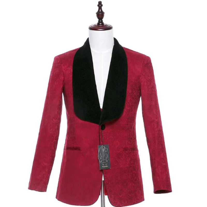 1-1   59.99   Red men's jacket business suit jacket floral pattern groom tuxedo coat black velvet boat collar lapel custom made
