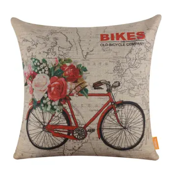 

LINKWELL 45x45cm Shabby Chic World Map Red Bicycle Bike with Flower Linen Cushion Covers Pillowcase European Style Euro Rose