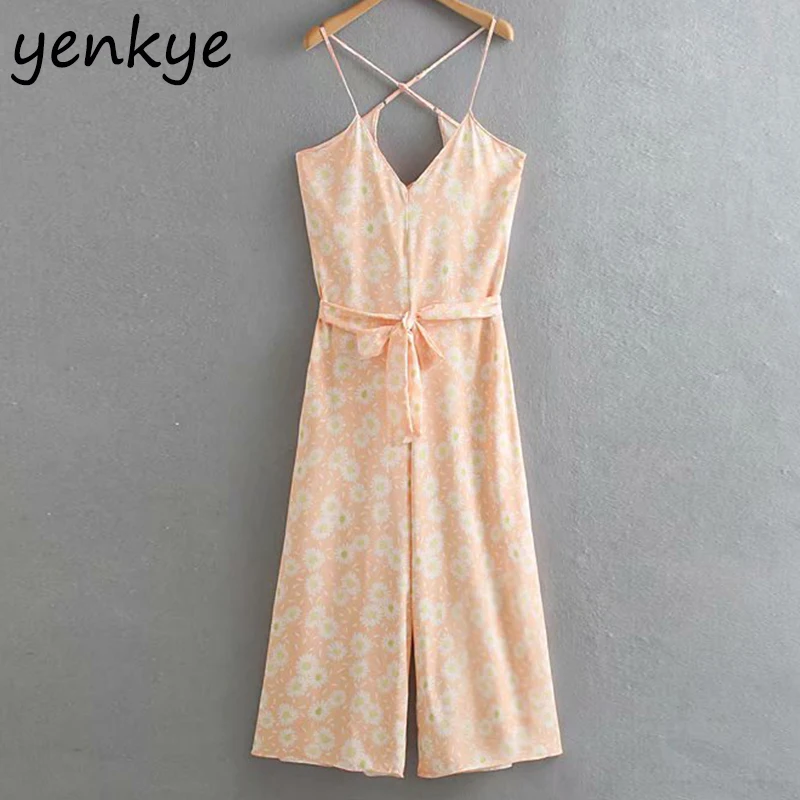 

Floral Print Holiday Boho Jumpsuit Women Sexy Backless V Neck Sleeveless Self-Belt Loose Summer Jumpsuits Long mono mujer