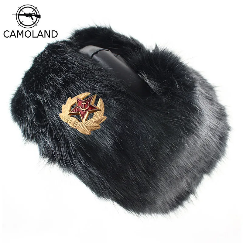 

Soviet Army Military Badge Russia Ushanka PU Bomber Hats Pilot Trapper trooper Hat Winter Faux Fur Earflap Men Leather Snow Caps
