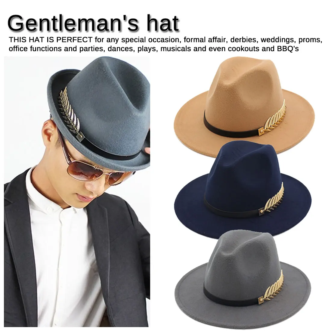 

Solid Color Trend Men Women Wool Felt Hat Fedora Leather Band Blue Pattern Unique Felt Hats