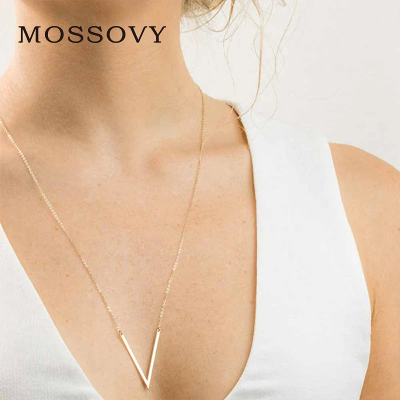 Mossovy розовое золото длинное ожерелье для женщин V ожерелья с подвесками в виде