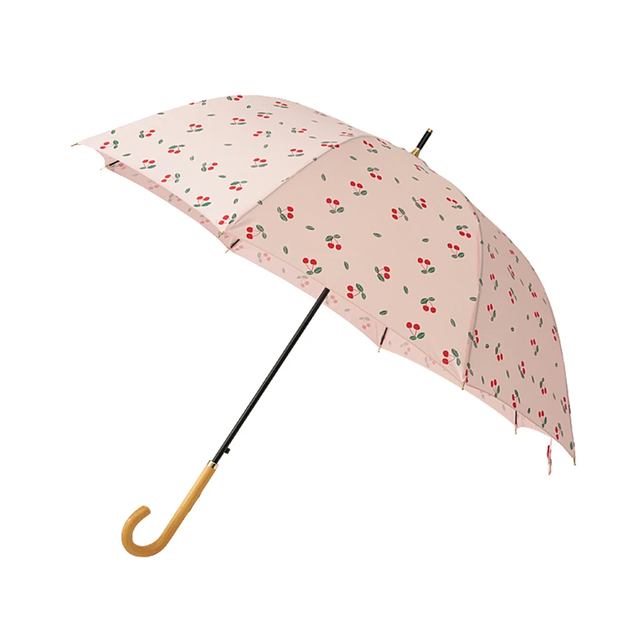 Wooden Handle Cherry Stylish Art Umbrella Rain Women Floding Automatic