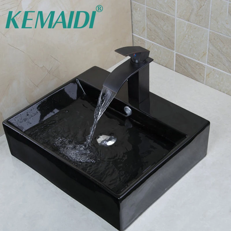KEMAIDI Contemporary Square Black Ceramic Round Countertop Bowl Sinks / Vessel Basins With Pop