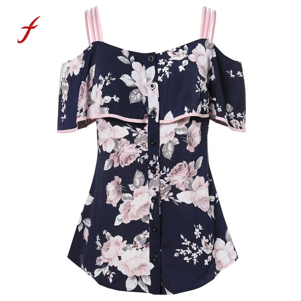 

Women Summer Button Floral Printing Shirt Cold Shoulder Casual Tops vogue T Shirt poleras de mujer moda vetement femme 2019
