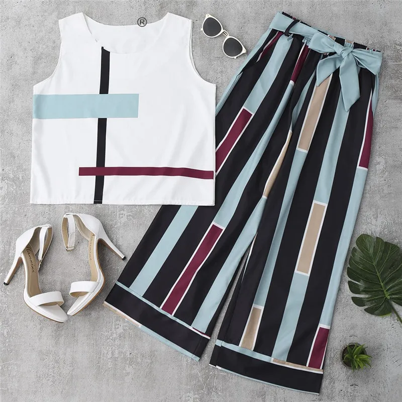 

2018 Women Office Lady Two Piece Set Women Summer Sleeveless Striped Chiffon Tank Top Wide Leg Pants Elegant Casual Work Suit