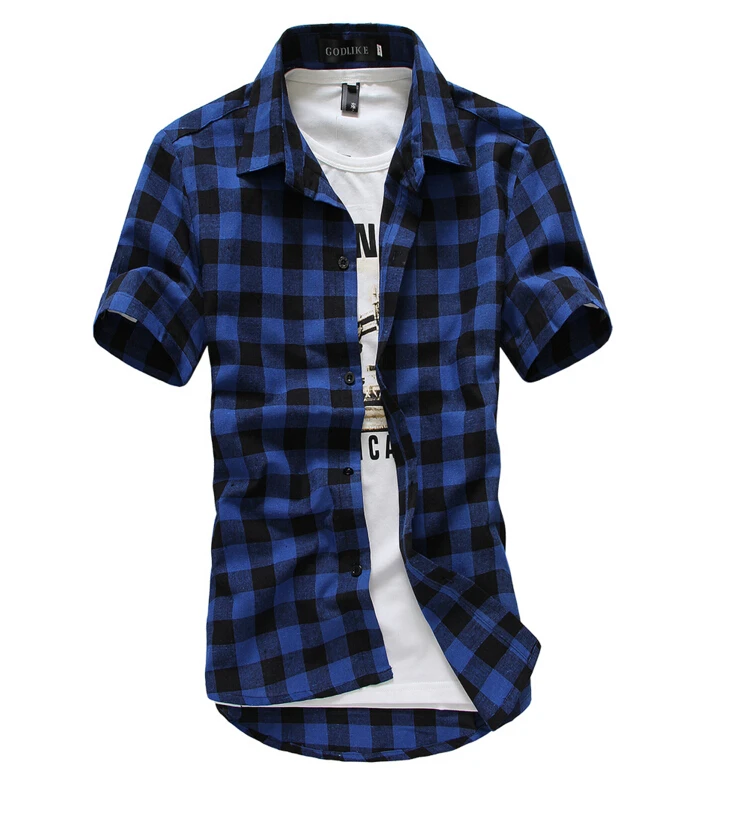 Модная Мужская Летняя Повседневная рубашка в клетку с коротким рукавом - Цвет: Синий