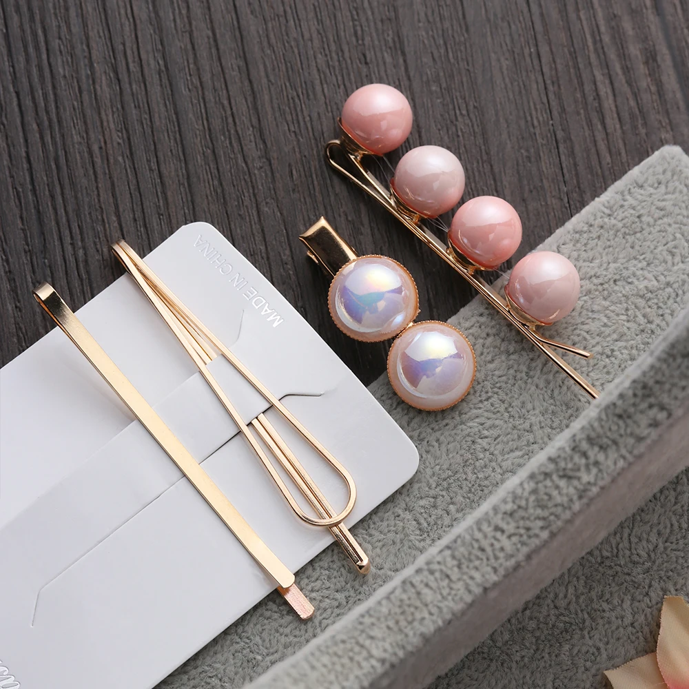 

4PCs/Set Korea Metal Hair Pins Colorful Pearl/Beads Hair Barrette Clips Women Irregular Geometric Hair Accessories Hairgrips