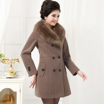 

New Fashion 2017 Autumn Winter Plus size Fur collar Long Wool Slim Stand collar Female Middle-aged old Cashmere coat
