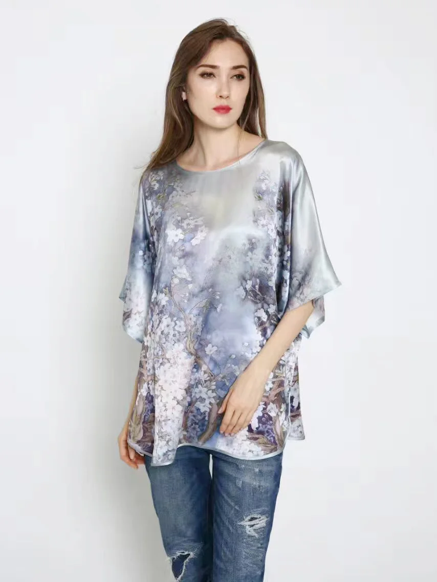 100% Silk Natural Mulberry Silk Satin Fabric Shiny Tees Famous Brand Flower Painting New Desigual Feminine Blouse versace shirt