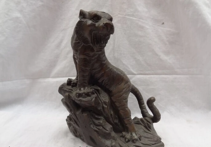 

S2489 8" Folk Chinese Year Zodiac Bronze Animals Fierce Tiger On Hill Statue Sculpture D0318