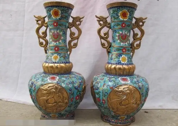 

China Royal 100% bronze handwork cloisonne Two Dragon Beast vase pair