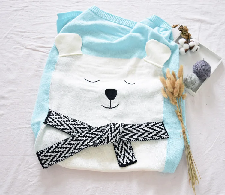 Детское одеяло с рисунком белого медведя, вязаное одеяло, теплая шерстяная Пеленка, детское банное полотенце, пляжный коврик, декоративное одеяло, s 80*110 см - Цвет: Синий