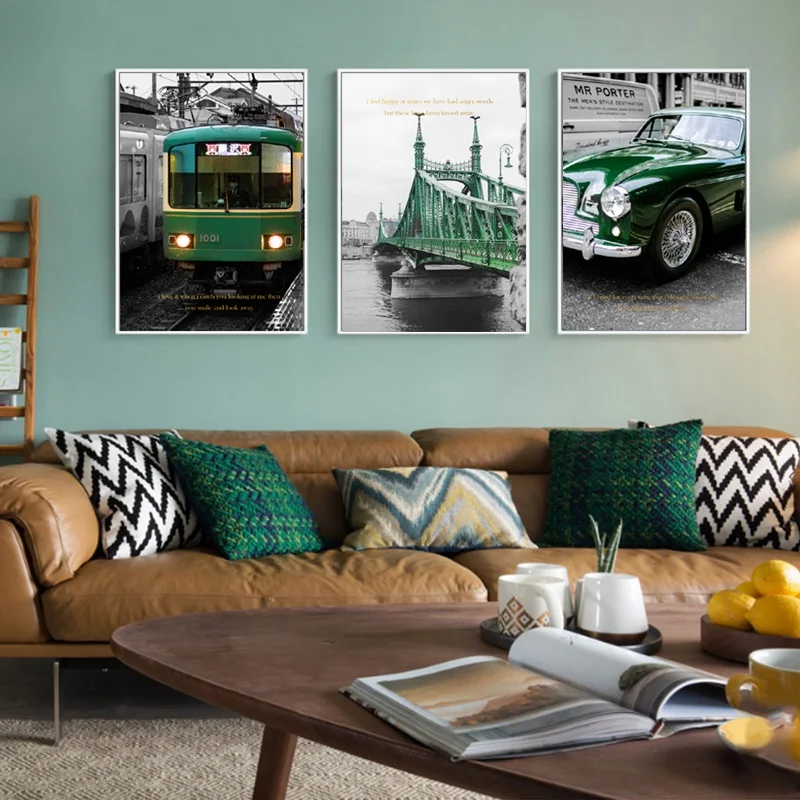 

Nordic Vintage Green Train Bridge Canvas Paintings Industrial Style Posters Decorative Car Prints Wall Art Pictures Living Room