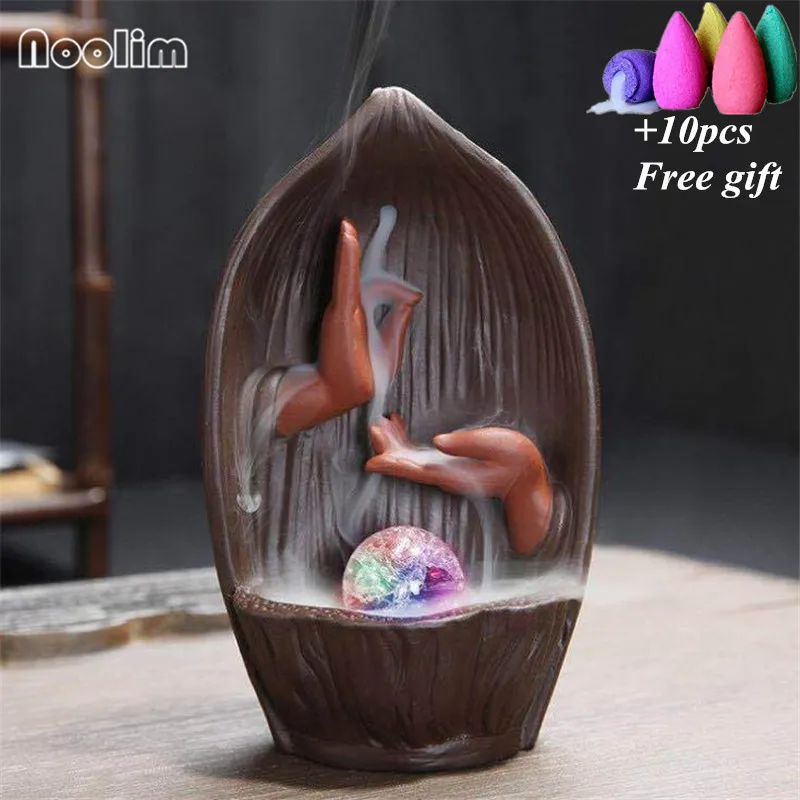 

Zen Buddha Hand With LED Light Ball Backflow Incense Burner Home Decor Ornament Zen Buddhist Cones Censer +10Pcs Free Cones