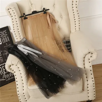 

Women See Through Lace-UP Beading Long Skirt Summer Korean Ladies Boho Sexy Vintage Transparent Lace Mesh White Black Midi Skirt