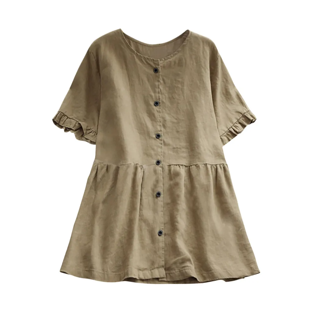 

T shirt Women Casual Loose Linen Plus Size Ruffle Soild Button Tanic Shirt Tops O-Neck Stretch Soft Summer women's T-shirts
