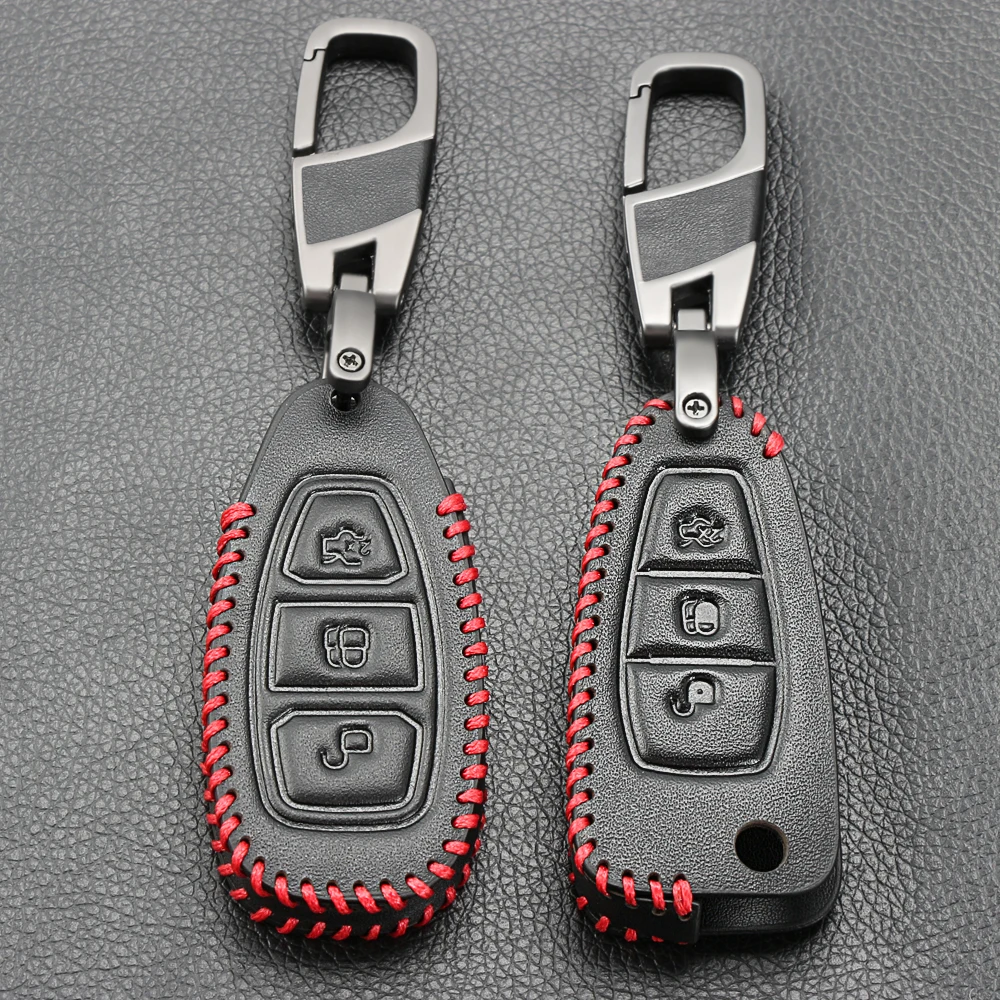 

Car Styling Leather Key Remote Key Fob Case Cover Keychain for Ford Fiesta Focus 3 4 MK3 MK4 Mondeo Ecosport Kuga Focus ST