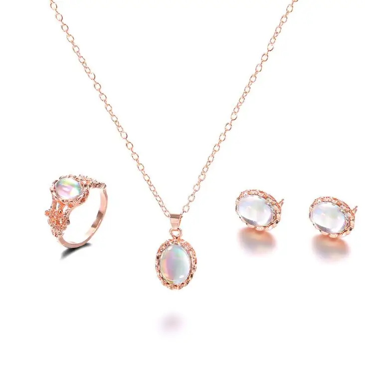 

High Quality Hot Vintage Opal Jewelry Sets For Woman Pendant Necklaces Water Drop Earrings Ring Gold Color Wedding Jewelry Gifts