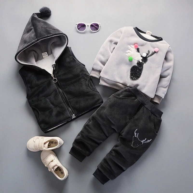 

Baby Winter Clothing Kids Boy Girl Warm Clothing Set 3PCS Vest + Long Sleeves Tops + Pants Cartoon Dear Kids Clothing Set