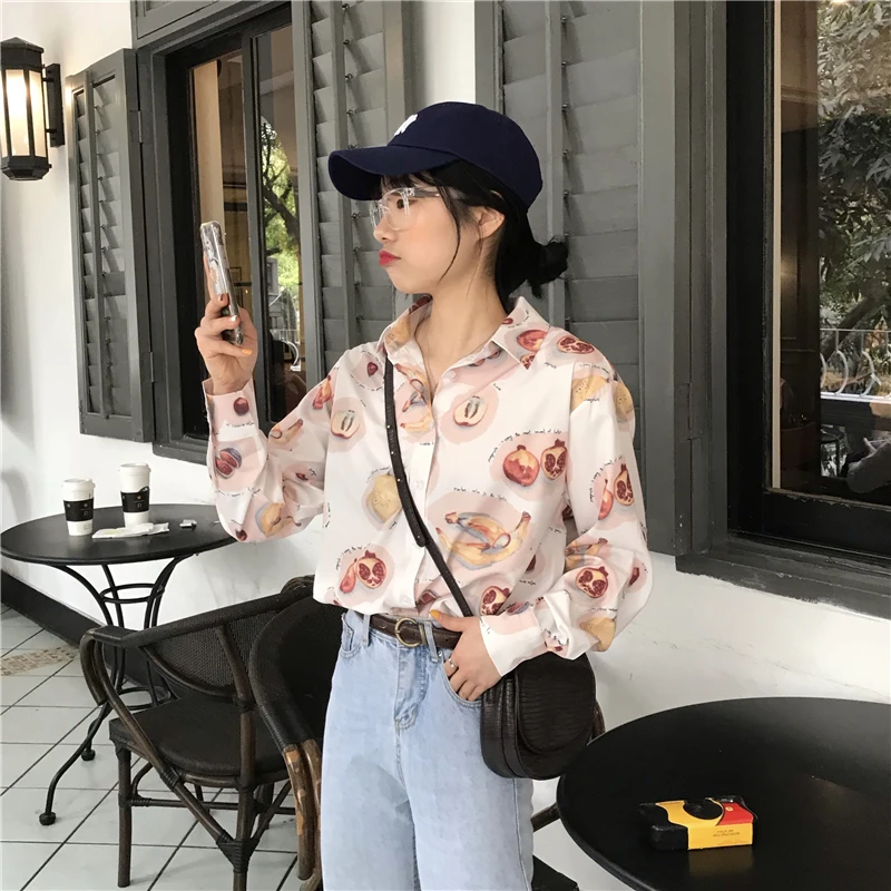 

2019 Fashion Women Sweet Shirt Fruit Print Female Blouse Long Sleeve Chiffon Shirts Summer Turn Down Collar Casual Ladies Tops