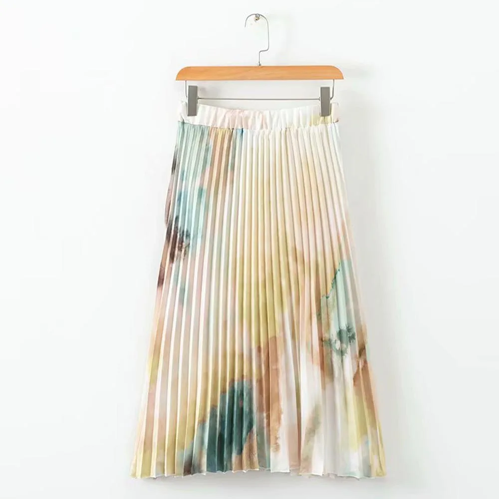 

FIRSTTO Vintage Hepburn Tie-dye Print Midi Pleated Skirt Elastic High Waist Below Knee-Length A-Line 2018 Women Swing Skirts