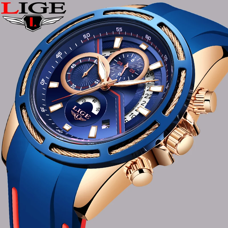 

Relogio Masculino LIGE Silicone Blue Sports Watch Men's Luxury Waterproof Fashion Brand Military Men's Watch Quartz Clock+box