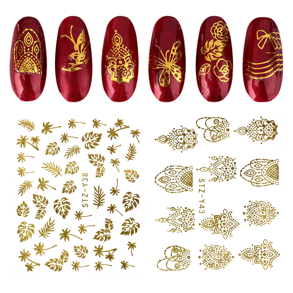 

16Design Metallic Gold Flower Geometric Nail Stickers for UV Gel Polish Adhesive Slider Decal Manicure DIY Decor Nail Art