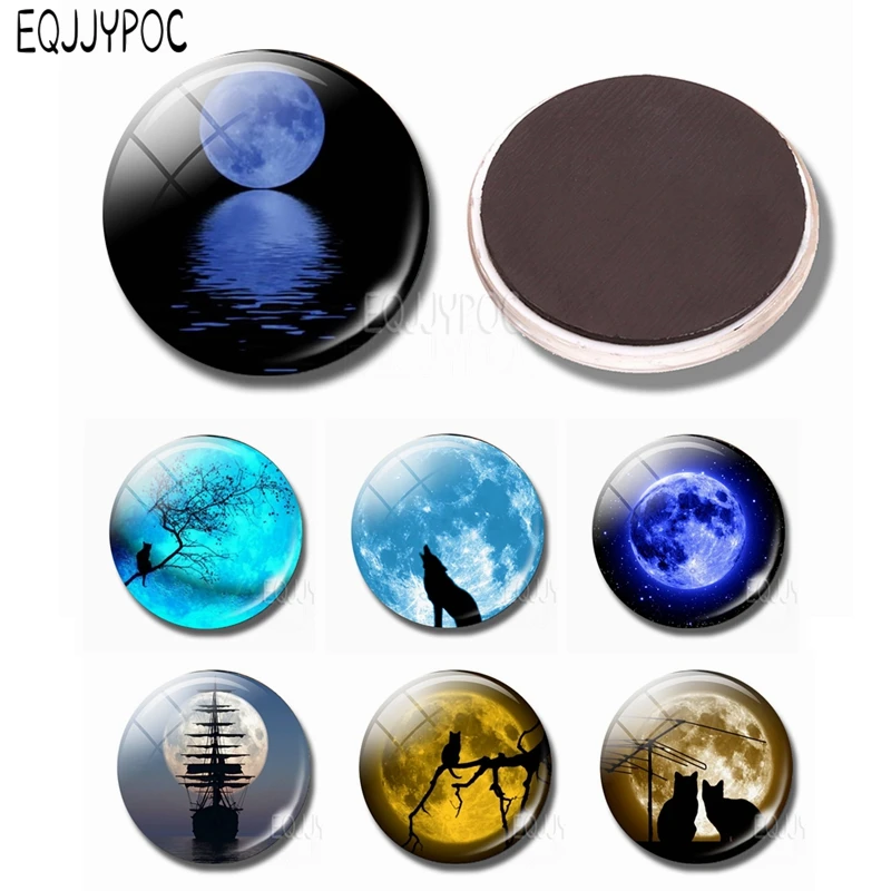 

Full Moon and Animal Glass Whiteboard Fridge Magnet Black Cat Wolf Shadow 30MM Refrigerator Magnetic Sticker Nebula Home Decor