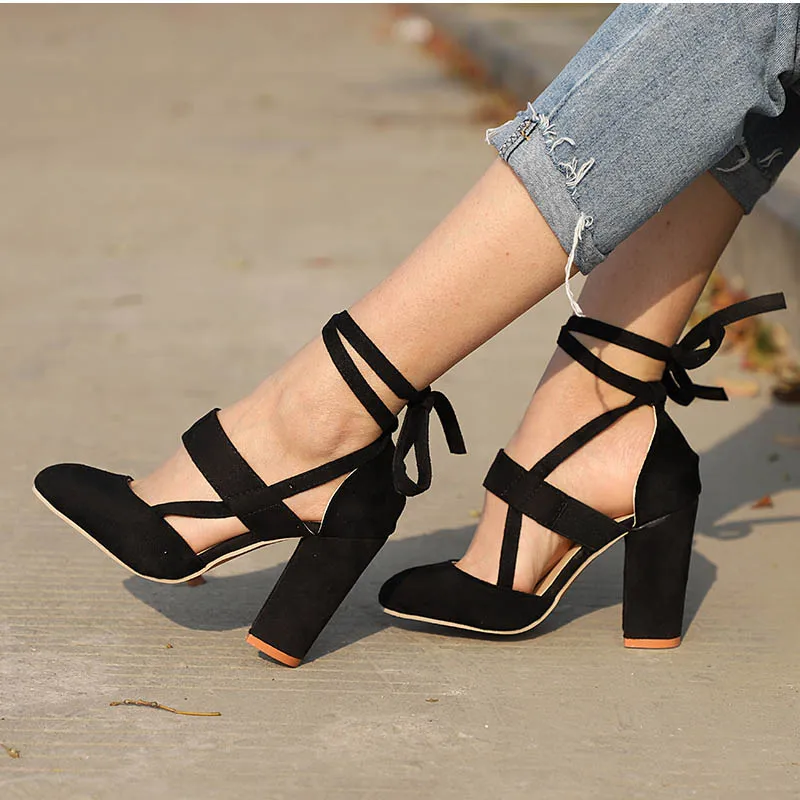 

2019Plus Size Female Ankle Strap High Heels Flock Gladiator Shoes Thick Heel Fashion Women Party Wedding Pumps Drop Shipping