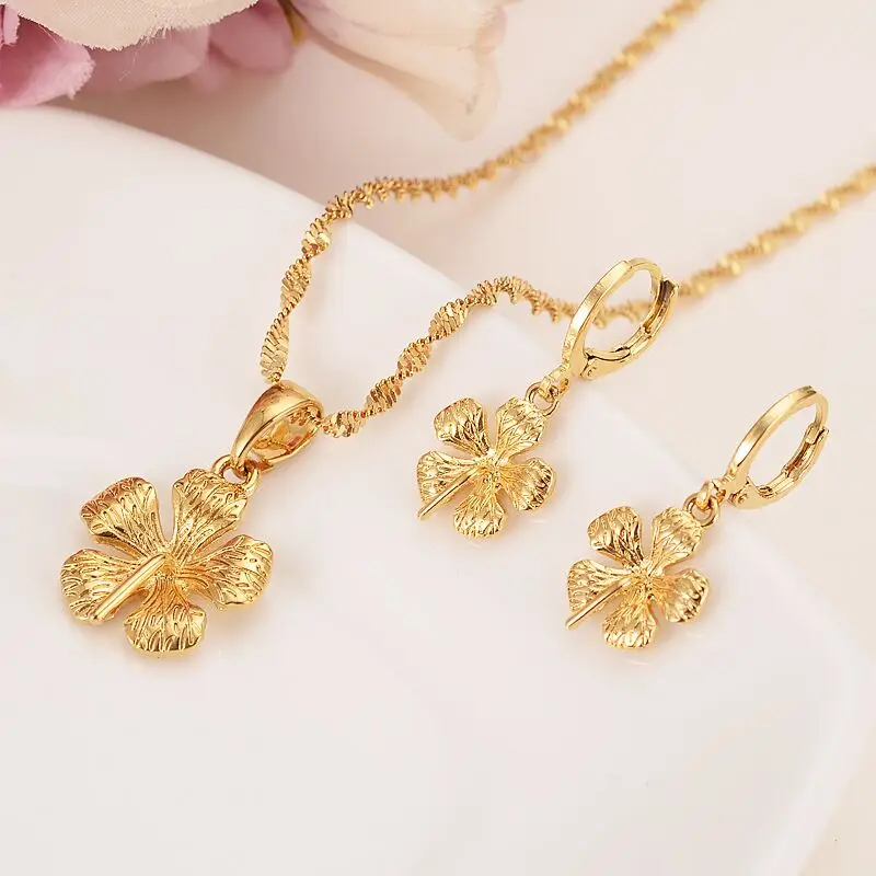 

Real Solid 14 k Yellow Gold GF New Bride's big Flower Pendant earrings Statement Necklace Jewelry Sets party Romantic fine gifts