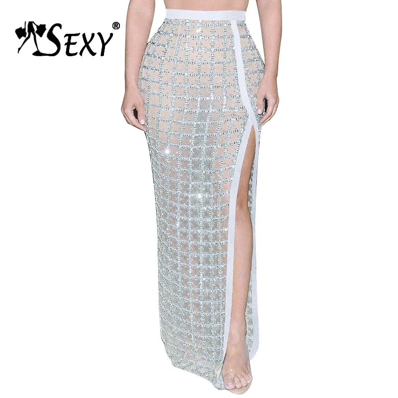 Gosexy Elegant Sequined Split Plaid Hollow Out Solid Floor Length Lady Bodycon Skirt Sexy Women Party 2017 New Arrival | Женская одежда