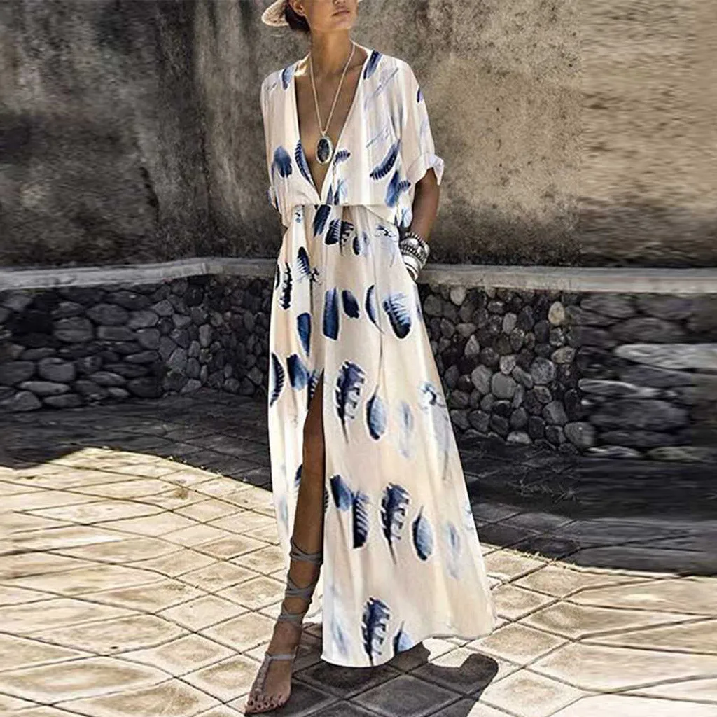 

JAYCOSIN Dress Women Elegant Fashion Print Bohemian Summer Dress Long Deep V-Neck Slit Short Sleeve Boho Dress vestidos 19JUN19