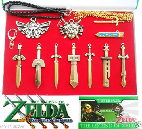10-Pcs-Legend-of-Zelda-Shield-Sword-Blade-Weapon-Keychain-Necklace-Pendant-Box