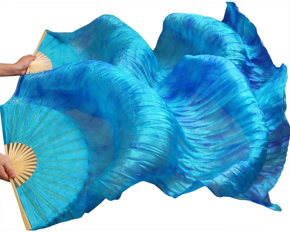 

2016 High Quality Silk Belly Dance Fan Dance 100% Real Silk Veils Left+right blue Colors On Sale 180*90 cm blue turquise mix