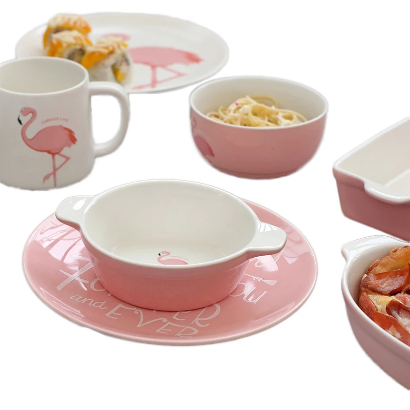 

Flamingo Pattern Pink Ceramics Tableware Full Set Cup Mug Porridge Soup Bowl Dinner Plate Dish Porcelain Dinnerware Set 1pcs