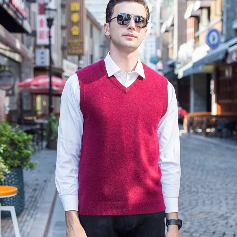 MACROSEA High-end 96.3% кашемировые мужские кашемировые свитера мужские деловые свитера офисная одежда вязаный кашемировый жилет 8137 - Цвет: 8137 Red
