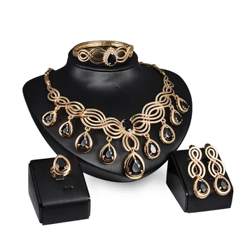 

2020 Women Black Crystal Jewelry Set Luxury Gold Nigerian Wedding African Beads Jewelry Set Costume Design Free Gift Box