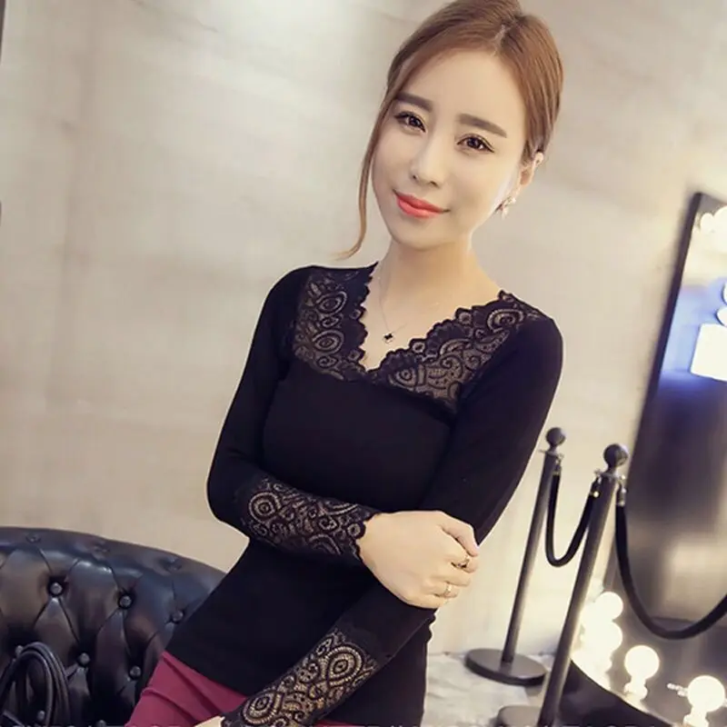 Femininas Blusas 2019 Women Blouses Spring Autumn Fashion Sexy Slim Shirt Tops Lace Long Sleeve V-Neck Leisure Patchwork | Женская